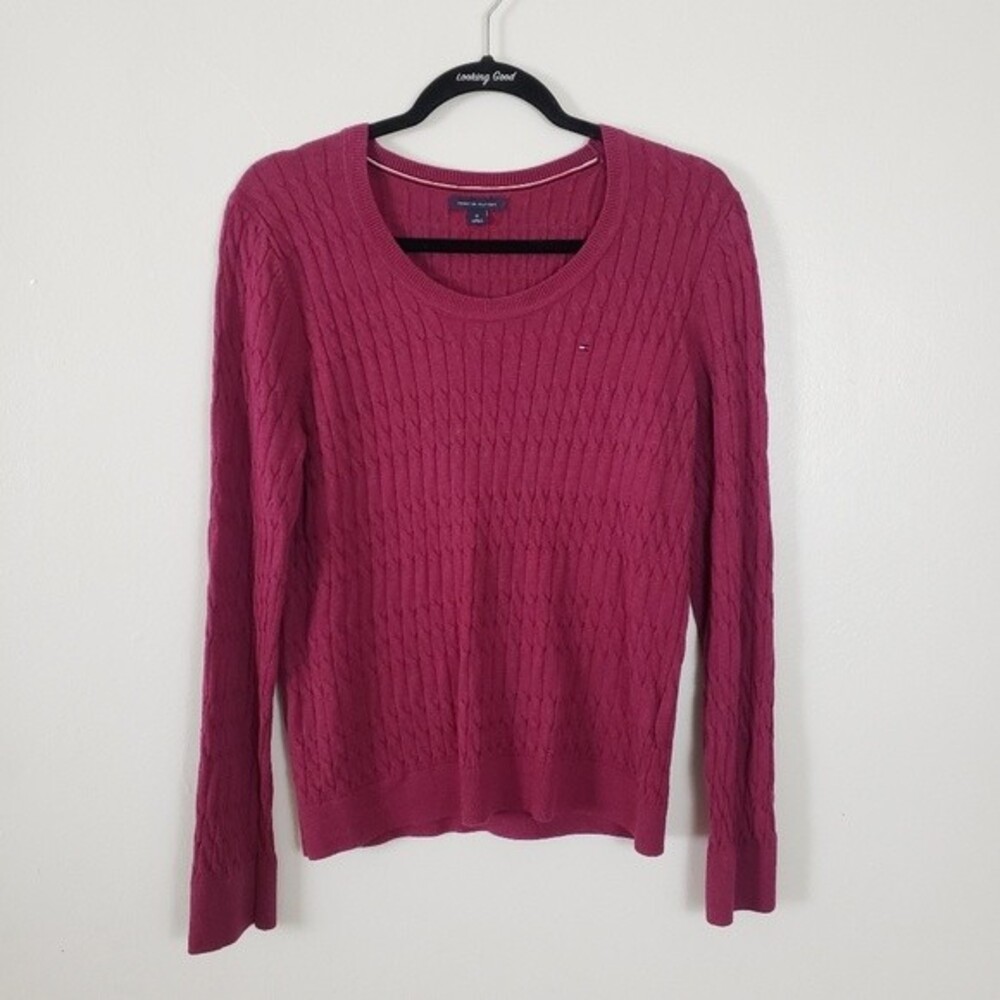 Tommy Hilfiger Women's Sweater Medium Red Cable Knit Preppy Classic Academia